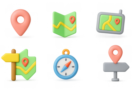 3d navigation and map icons set with location markers and compass
