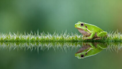 Fototapeta premium Green frog on a water's edge, perfectly mirrored