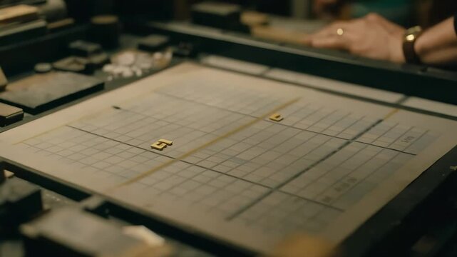 Vintage Letterpress Machine Detail: Metal Type Blocks on Gridded Paper, Highlighting Traditional Printing Technology and Manual Craftsmanship
