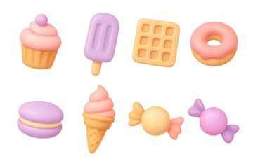 Colorful 3d candy and dessert icons with pastel colors