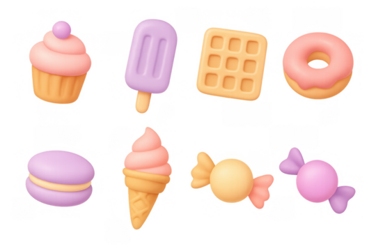 Colorful 3d candy and dessert icons with pastel colors
