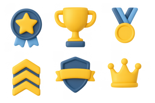 Colorful 3d icons featuring trophies, medals, and badges in blue and yellow