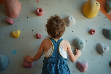 Back view of anonymous child in sportswear climbing wall with artificial rocks while training in gym and enjoying weekend