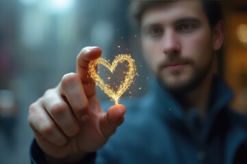 Man drawing with his finger a heart in wet window