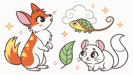 Highly detailed cute cartoon animal vector illustration featuring a whimsical red fox, adorable green turtle, and fluffy white chinchilla with nature elements.