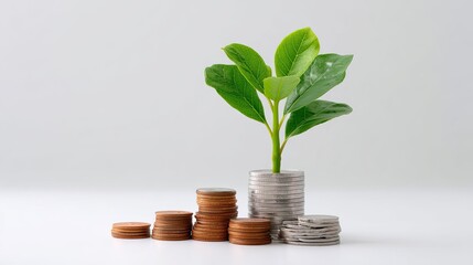 Growing Plant Emerging from Stack of Coins Representing Financial Growth and Sustainability Concepts in Modern Economy