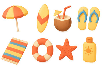 Colorful 3d summer icons featuring beach essentials and fun elements
