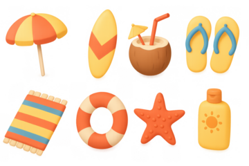 Colorful 3d summer icons featuring beach essentials and fun elements