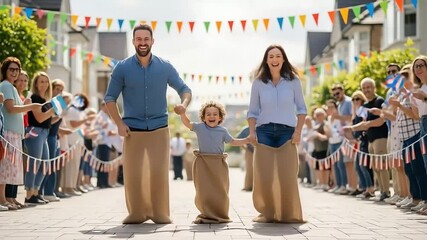 Joyful Family Participating in a Sack Race at a Vibrant Community Street Party, Surrounded by Cheering Neighbors Under Colorful Bunting, Celebratin...