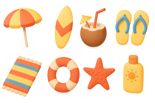 Colorful 3d summer icons featuring beach essentials and fun elements