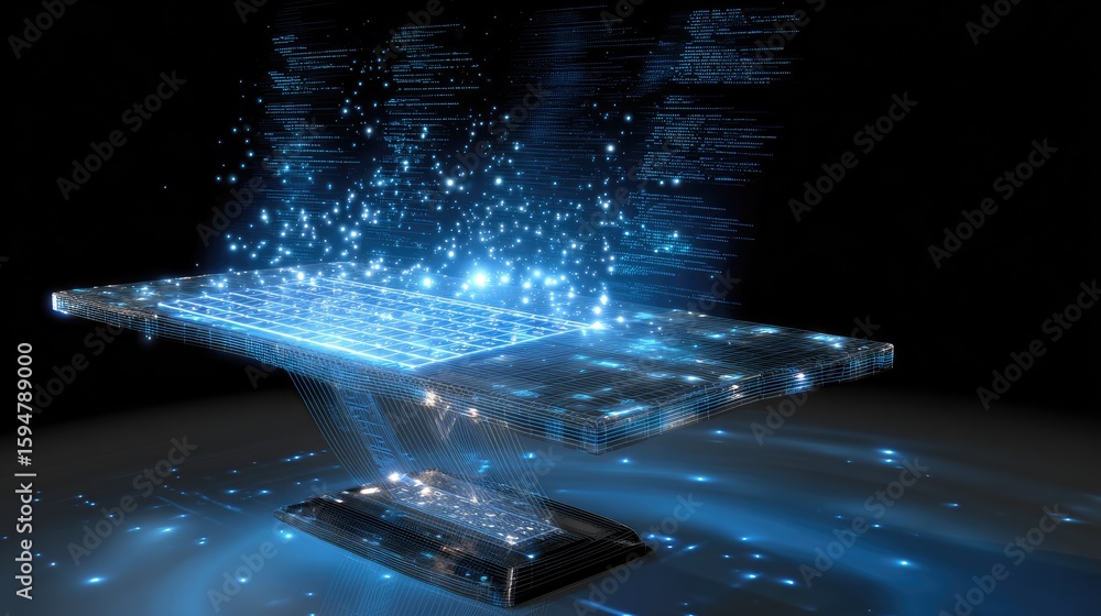 Poster futuristic digital interface with glowing lights and data streams in a dark background