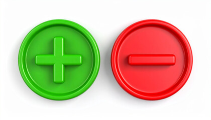 Fototapeta premium Bright green plus and red minus 3D icons. Minimalistic design. Isolated on white backdrop.