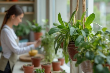 Potted plant by hanging kitchen goods