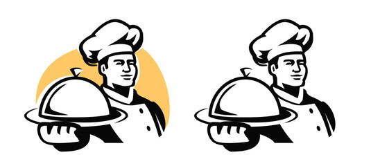Male cook in hat emblem. Chef in hat and tray with lid. Symbol or sign for restaurant or cafe menu. Vector illustration