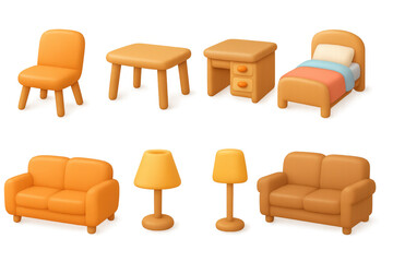 Cozy 3d cartoon furniture set with vibrant colors and simple design
