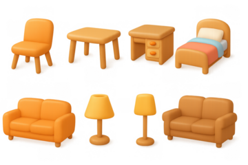 Cozy 3d cartoon furniture set with vibrant colors and simple design
