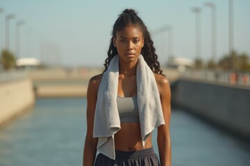 Tired black sportswoman with towel standing on embankment after workout