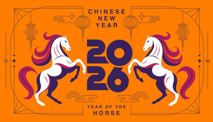 Chinese New Year 2026 ,Year of the Horse ,line art , outline , simple linear , geometric shape