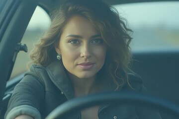 Through windshield of charming female driver sitting in automobile