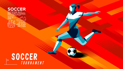 Geometric Vector of Female Soccer Player in Action , Abstract Brush Background Sports