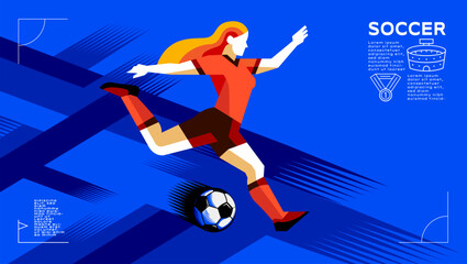 Geometric Vector of Female Soccer Player in Action , Abstract Brush Background Sports