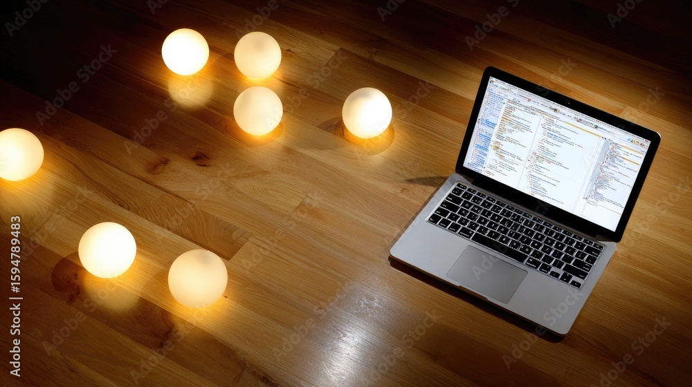 Poster laptop on wooden floor surrounded by glowing spheres in a dark environment creating a modern and ser