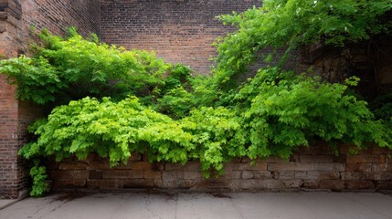 Lush Green Foliage and Vibrant Vegetation Growing on Stone Wall Surrounded by Brick Background in Urban Setting