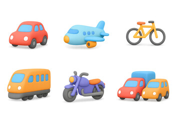 Fototapeta premium Colorful 3d toy vehicles set: cars, plane, bike, train, motorcycle