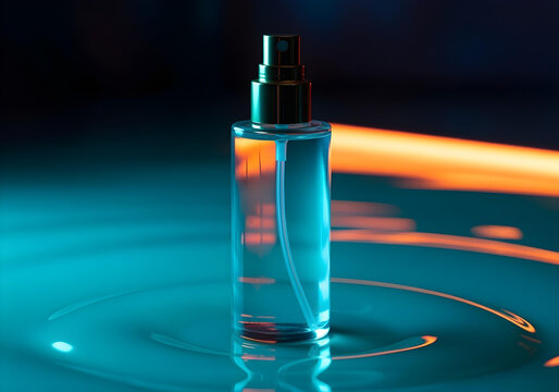 Elegant transparent cosmetic bottle with spray top sits on rippled teal surface in a sunlit studio. Modern, luxurious product presentation. High-quality image for advertising promotion of skincare bea