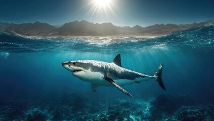 Great white shark in ocean, sunlit water. Underwater/aerial view