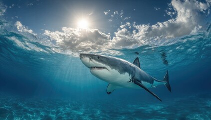 Fototapeta premium Great white shark in sunlit ocean