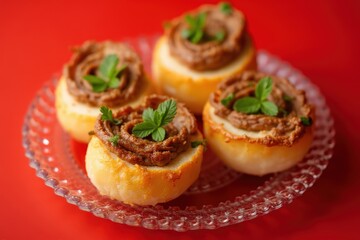 Gourmet appetizer on red background