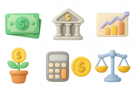 Financial success icons in modern 3d cartoon style