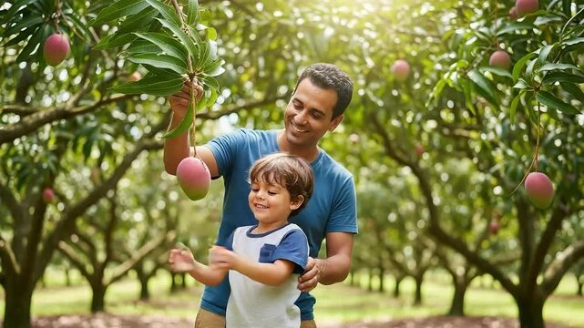 Joyful Father and Son Exploring a Lush Mango Orchard, Learning About Nature and Harvesting Fresh Fruit Together