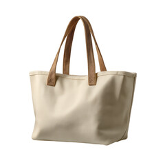 A beige canvas tote bag with brown handles is isolated on a transparent white background, perfect for shopping or everyday use