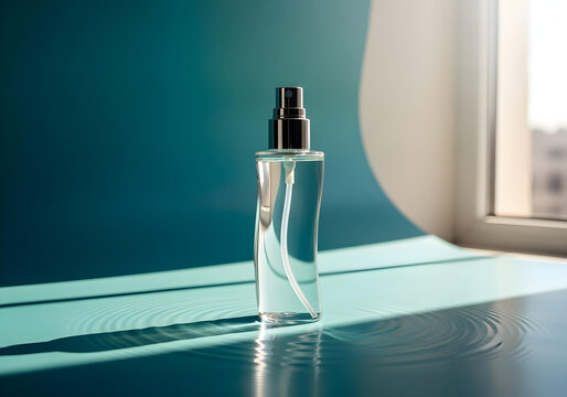 Elegant transparent cosmetic bottle with spray top sits on rippled teal surface in a sunlit studio. Modern, luxurious product presentation. High-quality image for advertising promotion of skincare bea