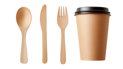 Eco friendly disposable wooden cutlery set and kraft paper coffee cup with lid isolated on white or transparent background
