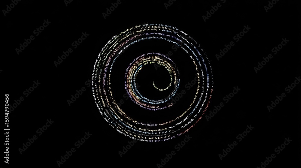 Aufkleber colorful spiral pattern of text characters on black background creating a modern abstract design for
