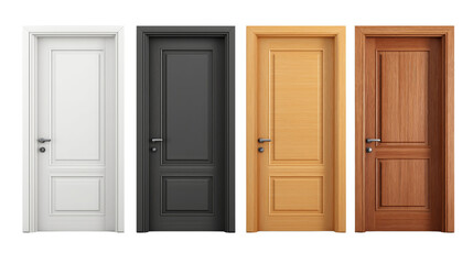 Set of modern interior doors with different wood textures and white finishes, isolated on white or transparent background