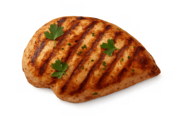 Grilled chicken breast seasoned, garnished with parsley, resting on clean transparent surface