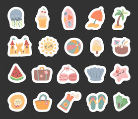 Summer set in scandinavian style with tropical beach vacation items for fun travel moments, marine life, refreshing food, drinks and relaxing sun protection