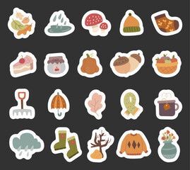 Autumn seasonal set in scandinavian style nature inspired featuring foliage, food, clothing, tools, weather symbols, plants for your illustration and creative designs projects