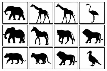 Black silhouettes of animals elephant giraffe flamingo horse lion panther bird vector