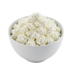 Creamy white cottage cheese served in a classic white ceramic bowl Isolated on transparent background