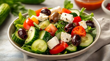 Fresh Greek Salad with Cucumbers, Tomatoes, Olives, and Feta Cheese