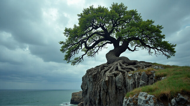 Solitary tree clings to a rocky cliffside, its roots exposed to the elements with the sea and a cloudy sky in the distance. - Powered by Adobe