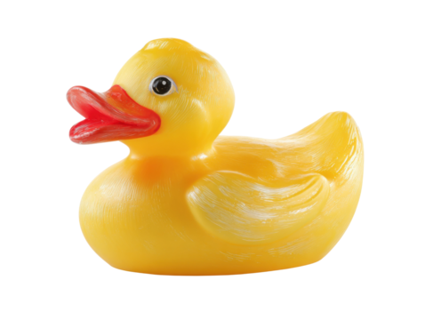 Playful yellow rubber duck floating in bathtub fun indoor close-up. Isolated on transparent background, png.