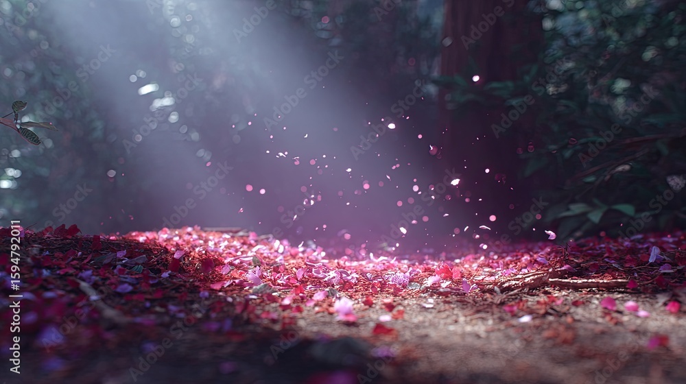 Poster sunlight breaking through trees illuminating petals on forest floor in a magical natural setting