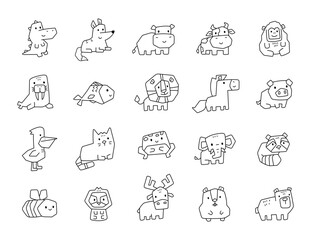 Fototapeta premium Adorable animal character outline line art set featuring wild forest jungle farm marine insect bird and amphibian creatures in charming cartoon designs projects