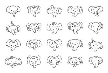 Charming cartoon elephant face set created for and outline line art with cute animal friendly character head for yours illustration and creative designs projects